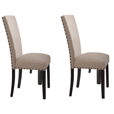 Set Of 2 Beige And Dark Oak Upholstered Side Chairs | Gift Idea
