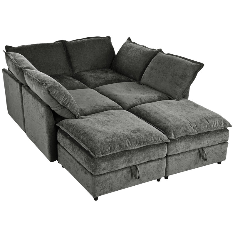 Grey 126'' Bed With Ample Storage, 6 Modular , Supportive Seats, Gray Polyester