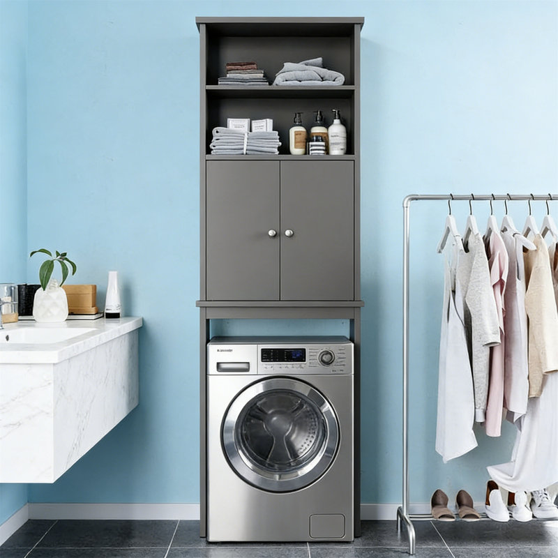 Over The Toilet Storage Cabinet With Open Bottom Bar & Adjustable Shelf, Anti-Tip, Gray, Gray