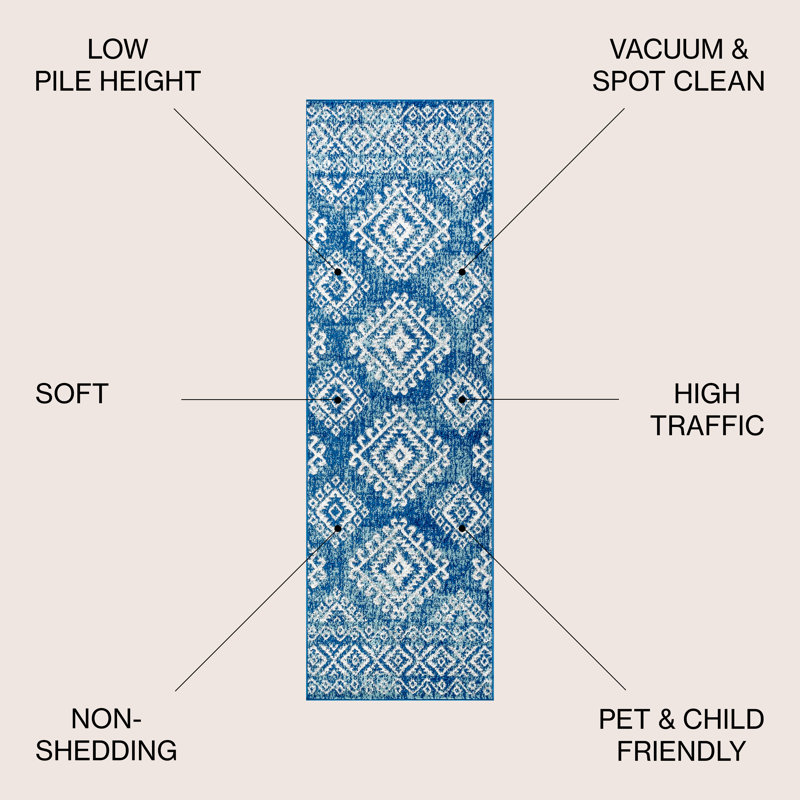 Tapis bleu / blanc Tybalt, Tapis de couloir 2 pi 3 po x 8 pi