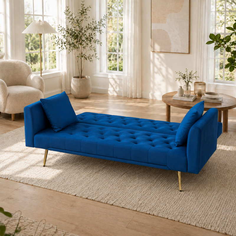 Thomias 71.01'' Velvet Convertible Sofa, Blue Velvet