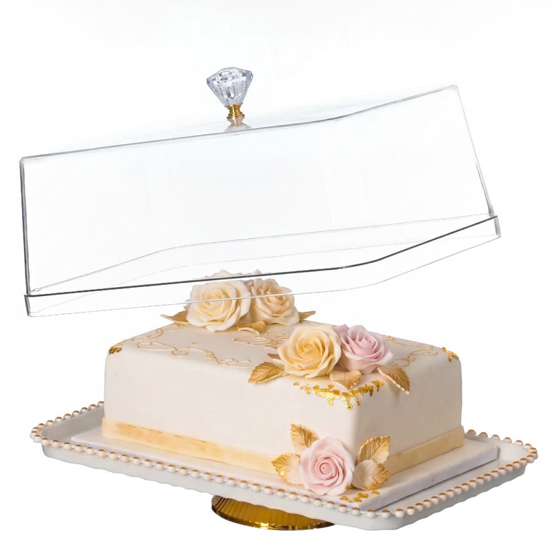  16" Rectangular Cake Stand Dessert Serving Platter With Clear Tray And Cover Gold Pedestal Base Beaded Edge Display For Cakes Pastries & Cupcakes Ideal For Weddings & Special Occasions