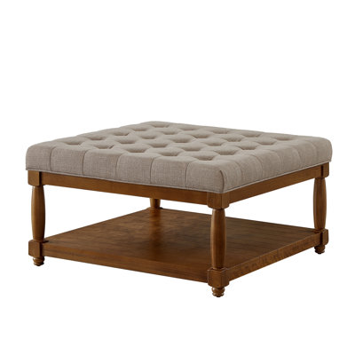 Large Square Upholstered Tufted Linen Ottoman Coffee Table, Large Footrest Ottoman With Solid Wood Shelf