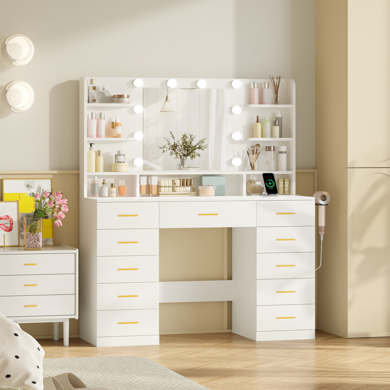 Dressing Table 110×40×140cm, With Sockets And Usb Sorts, Led Mirror, 11 Drawers, Hair Dryer Rack
