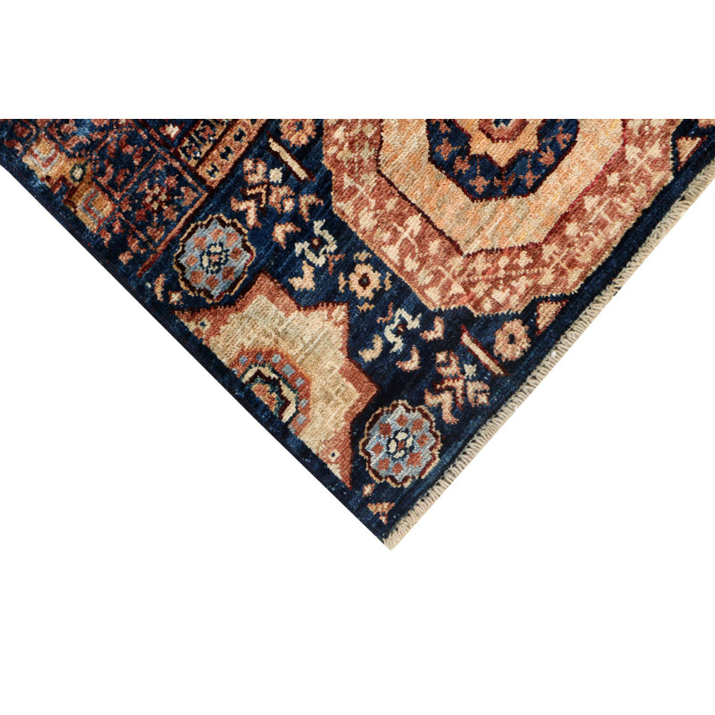 Hand-Knotted High-Quality Navy, Red, and Beige Runner