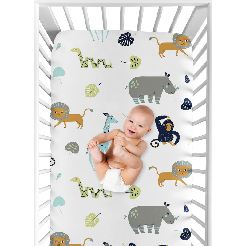 Blue Jungle Safari Animal Print Toddler Crib Sheet Set