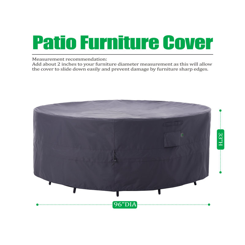 Heavy Duty Gray Waterproof Round Patio Table Cover, 96" Diameter