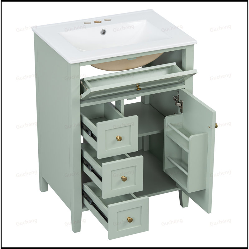 Meuble-lavabo à tablettes réglables avec lavabo, Vert clair