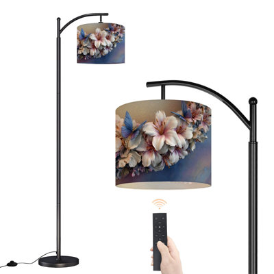  Arc Floor Lamp Pastel Floral Wreath Butterflies Soft Dreamy Romantic Botanical Tall Modern Standing Lamp LED Adjustable Linen Lampshade 3 Color Temperatures
