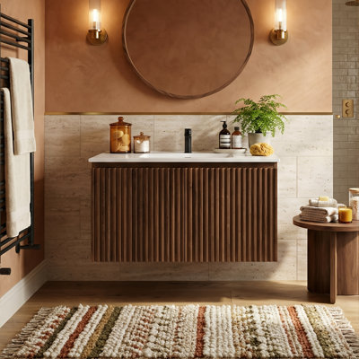 30" Patented Folding Wall-Mounted Vanity With Ceramic Sink, 1-Minute Tool-Free Assembly & 3D Textured Cabinet (Walnut)
