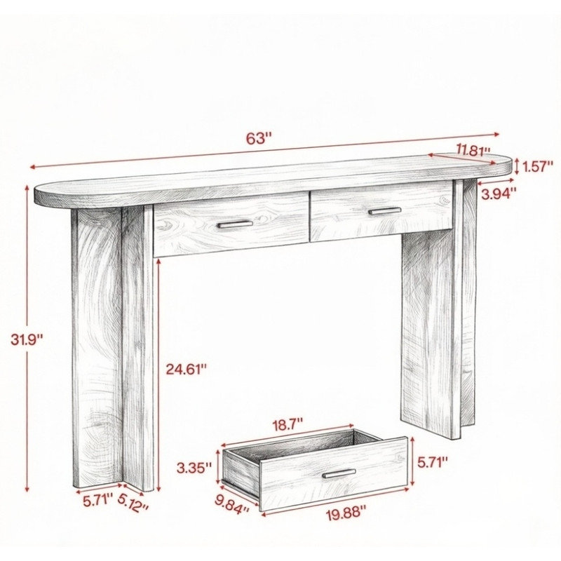 Table d'appoint 63 "en bois rustique avec 2 tiroirs