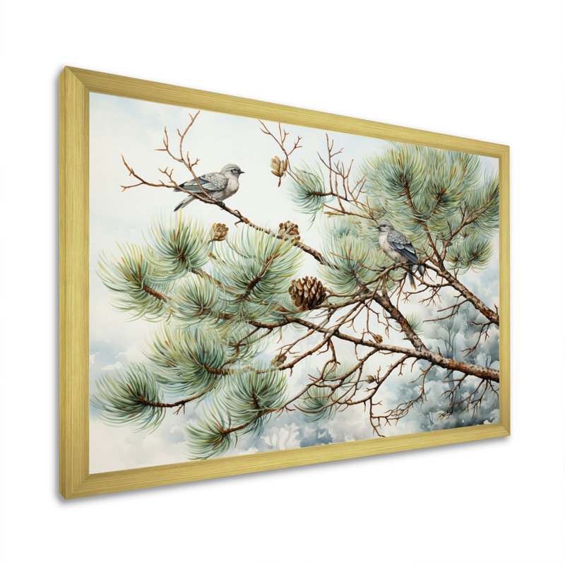 Oiseau sur pin I - Art mural pin, H 30 po x l 40 po x P 1,5 po, Cadre doré simple