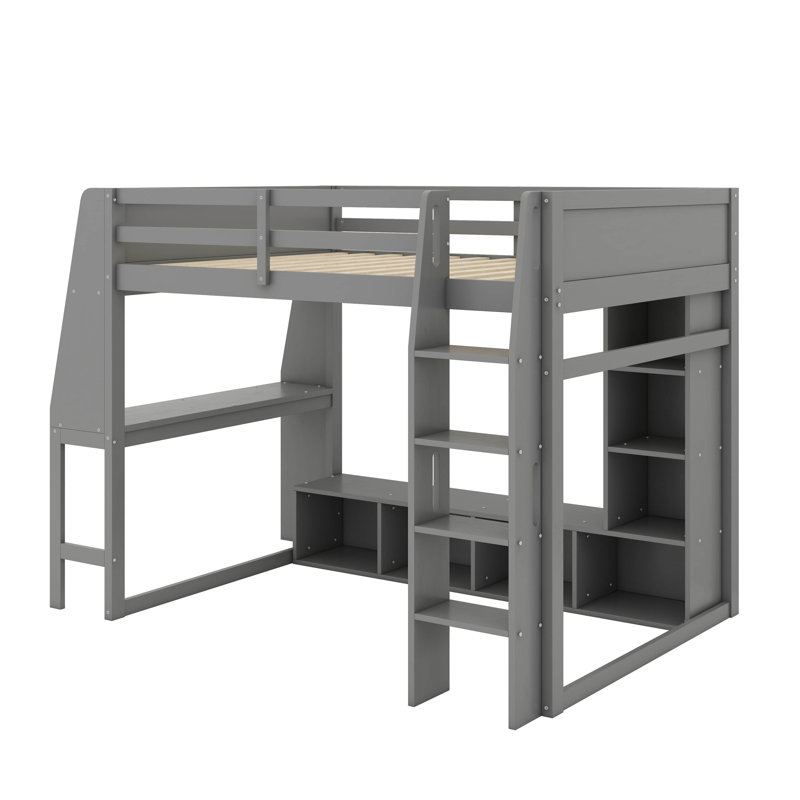 Lit mezzanine double pleine grandeur avec bureau, tablettes multiples, DEL et portemanteau suspendu, Gris