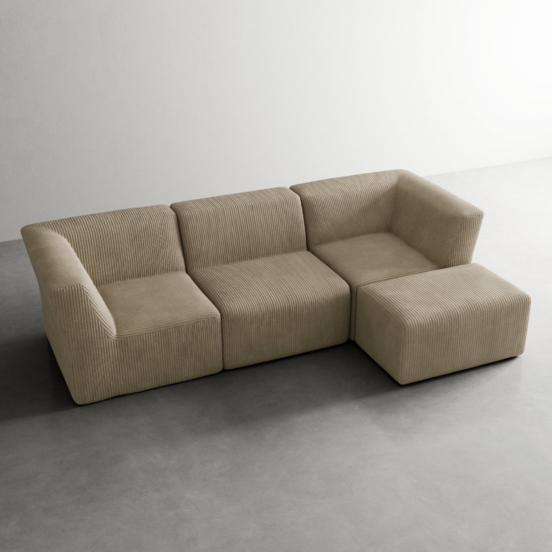 Berlare Boneless 4 - Piece Upholstered Compression Corduroy Modular Sectional Sofa Set with Removable Ottoman – Fully Compressed, No Assembly Required