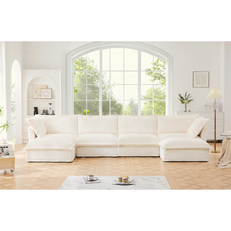 Evelyn U-Shaped Sectional Sofa with 2 Ottomans, Cream Corduroy, 34.6" H x 156.6" W x 55" D