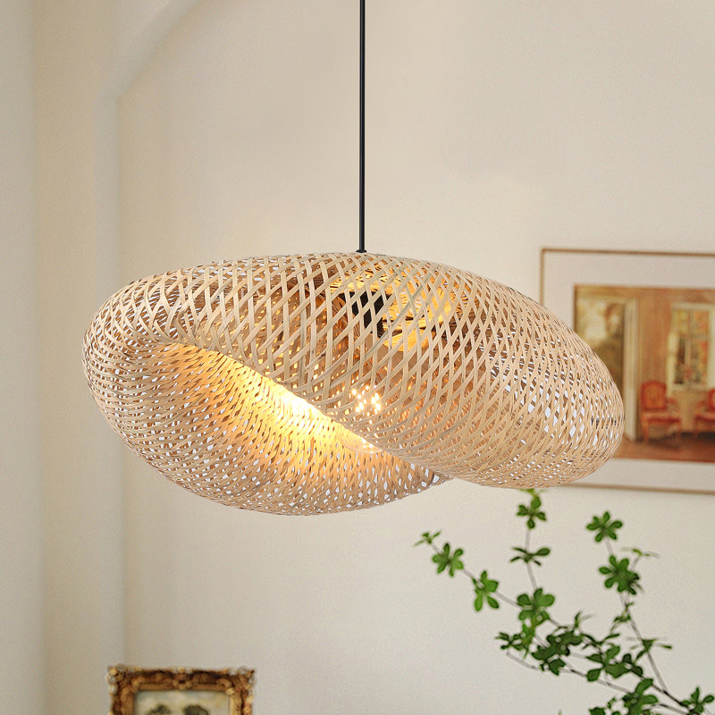 Cordrey Farmhouse Woven Bamboo Pendant Lighting Fixtures, Adjustable Vintage Rustic Rattan Ceiling Hanging Light
