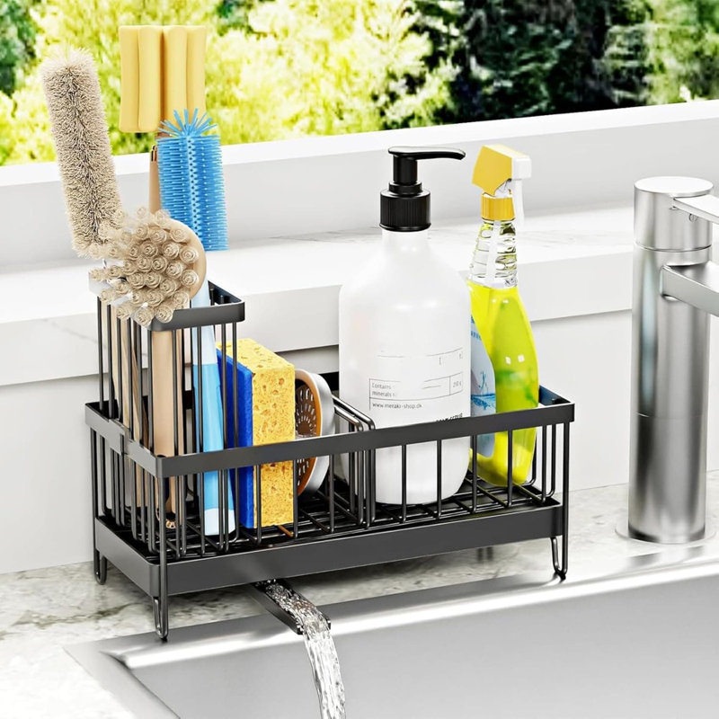 Stainless Steel Kitchen Sink Caddy Organizer With Auto Drain Tray, Detachable Towel Bar And Storage For Sponge, Soap Dispenser, Brushes
