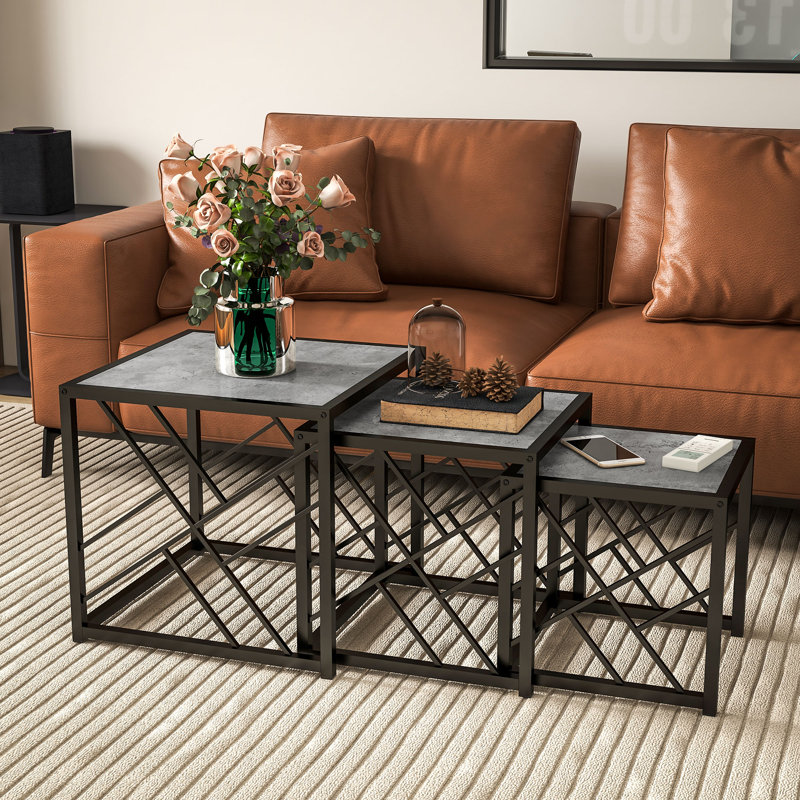 Belfort Set of 3 Nesting Coffee Tables Square End Tables w/ Metal Frame, Grey