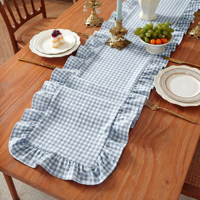 Blue Plaid Gingham Ruffle Table Runner – 118 X 13.8 Inch 100% Cotton Scalloped Farmhouse Long Table Cover For Dining Room, Kitchen, Wedding & Rustic Home Decor