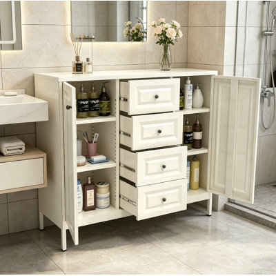Buffet de rangement 40,16 po, armoire d'appoint autoportante avec 4 tiroirs et 2 portes, armoire à tablettes réglables pour le salon, la cuisine, le vestibule, le couloir et la salle de lavage (beige)