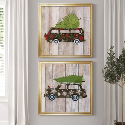 Classic Auto Christmas III - Matted and Framed Under Acrylic Glass, Set of 2, Large Living Room Wall Art