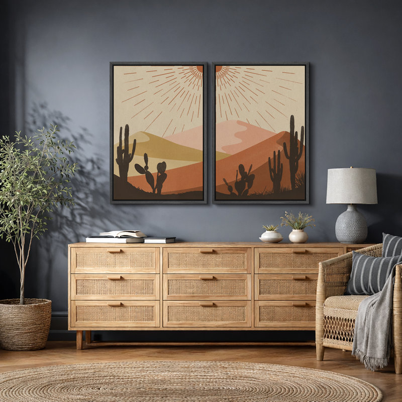 «Cactus Desert Brown Sun Rays Southwest Landscape», reproduction d'art sur toile encadrée 2 pièces, Noir