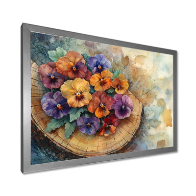 Graminées d'été, fleurs sur un plateau en bois diapositive IV - Pensées, art mural