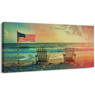  Art mural sur toile de grand drapeau océanique américain, peinture patriotique rétro, décor de l'Americana, image de bord de mer au coucher du soleil, déclaration artistique sur toile pour le salon