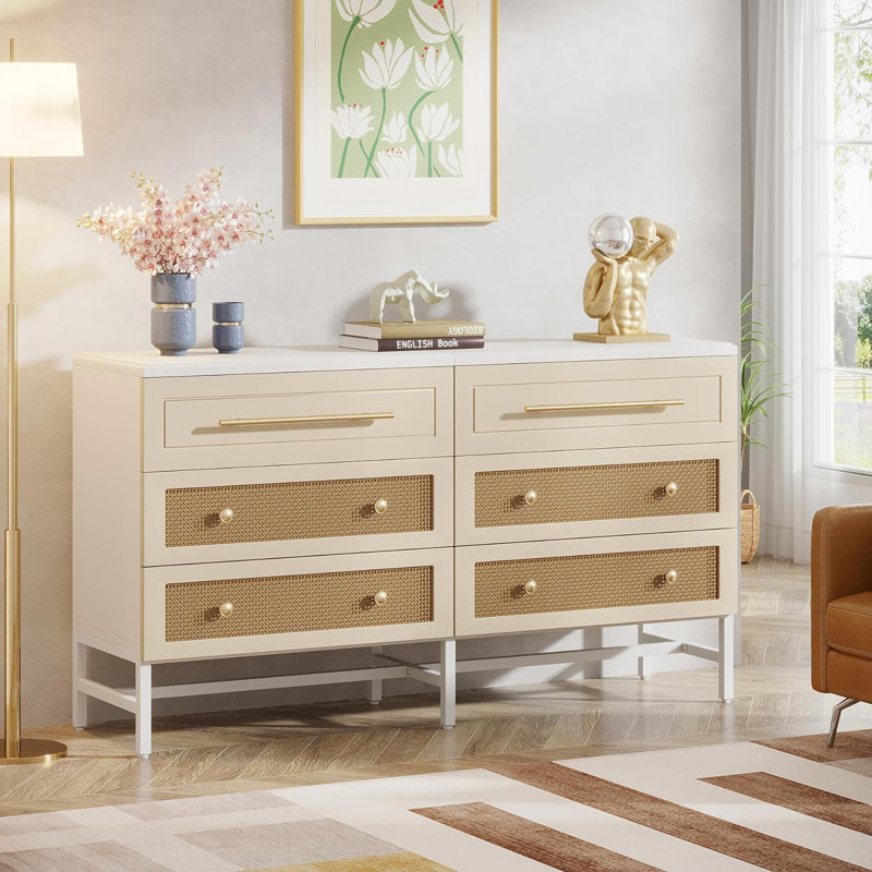 Commode à six tiroirs, Blanc / Naturel