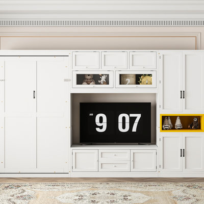Lit simple blanc avec meuble télé intégré, tiroirs et armoires pour économiser de l'espace dans les petites chambres en bois avec support de rangement Espaces polyvalents idéaux