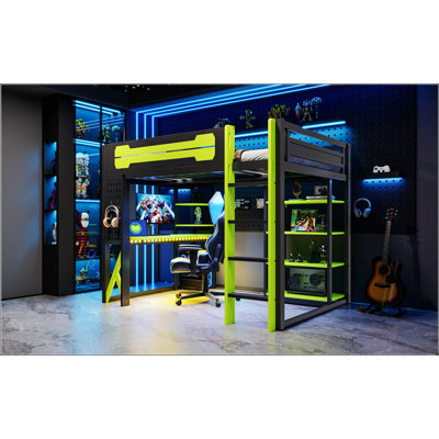 Lit mezzanine en bois pleine grandeur avec bureau, tablettes, prises de courant, ports USB / Type-C et lumière RVB pour jouer et étudier