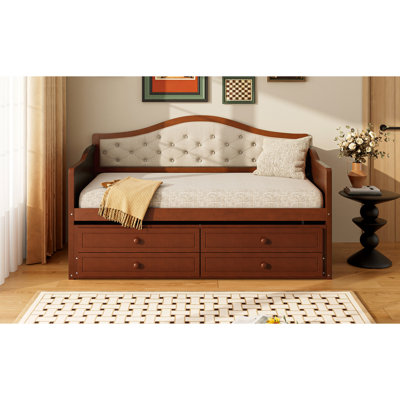 Twin Daybed With Trundle And 2 Storage Drawers, Walnut - Toned Upholstered Button Back For Home Styling Living Room