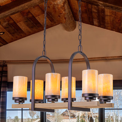 Lustre industriel rustique à 3 ou 6 lumières avec abat-jour naturel en albâtre, poutre en faux bois et cadre en fer en forme de U, hauteur réglable de 19 à 98 po pour îlot de cuisine - Répertorié ETL