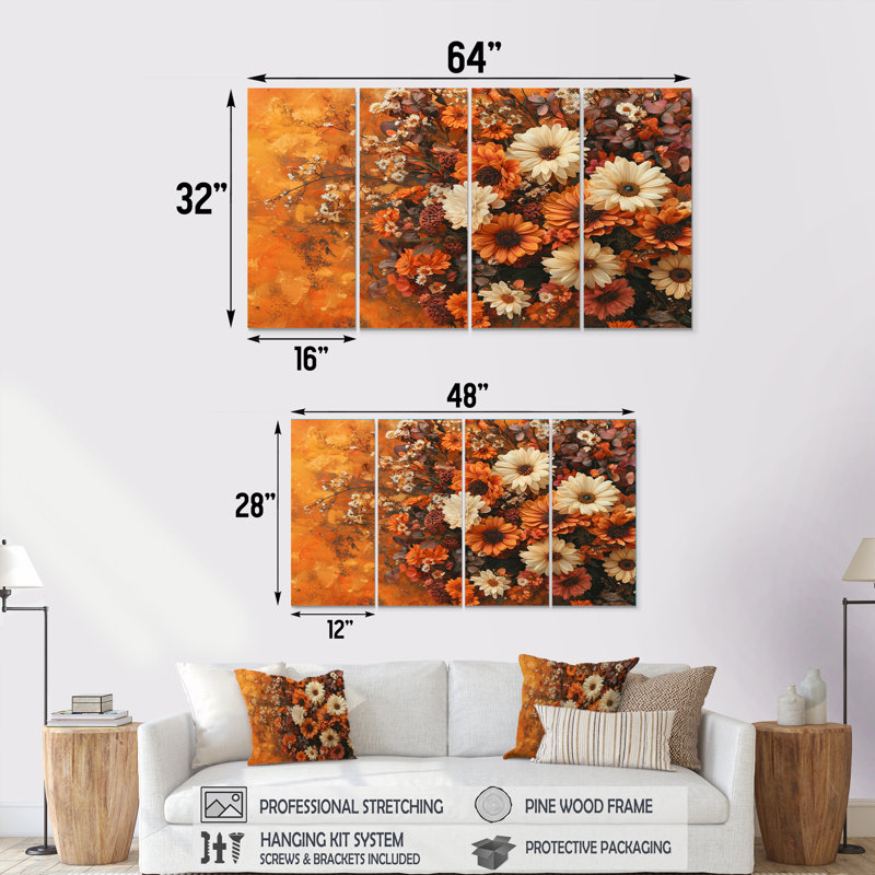 Hirsh - Assortiment de bouquets muraux - Art mural traditionnel pour le salon, H 32 po x l 64 po, 4