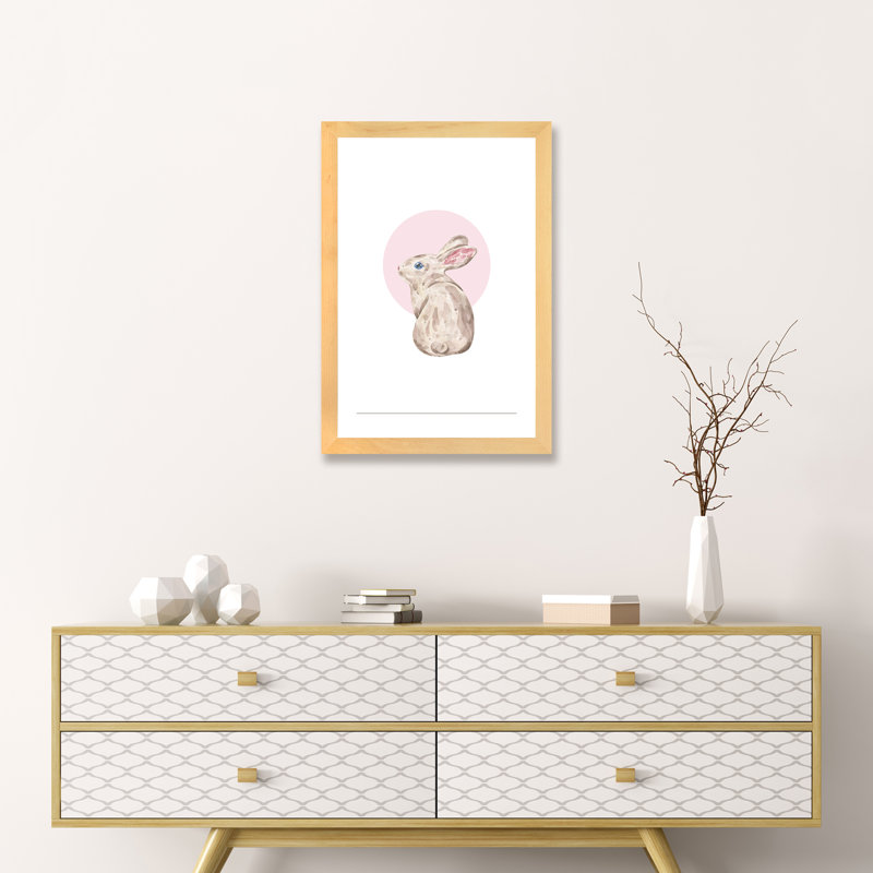 Lapin - impression d'art graphique, Blanc, H 24 po x l 16 po x P 1 po, Papier avec cadre beige
