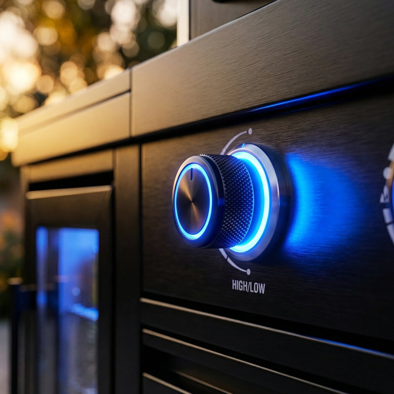 Cuisine extérieure avec barbecue en acier inoxydable 4 72000 de 46 pouces, comprenant un refroidisseur à vin, un ensemble, des comptoirs en granit noir et des lampes halogènes pour l'éclairage de la surface de cuisson.