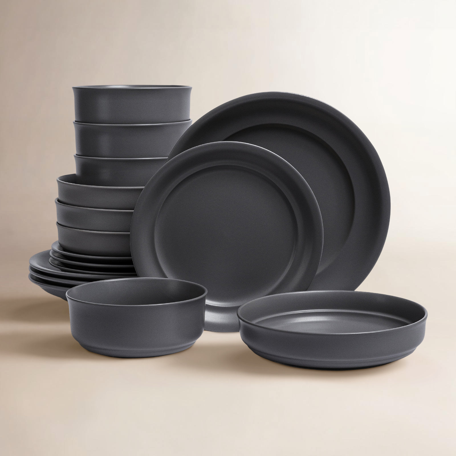 Rimmed Stoneware Dinnerware Set - Service for 4, Charcoal