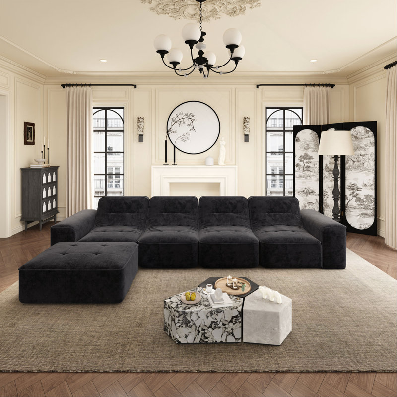 Ensemble de canapé modulaire de 143,7 po avec repose-pieds amovible, conception capitonnée, siège profond, méridienne et chaise d'appoint, canapé en chenille étincelant bricolage moderne pour salon, appartement, bureau