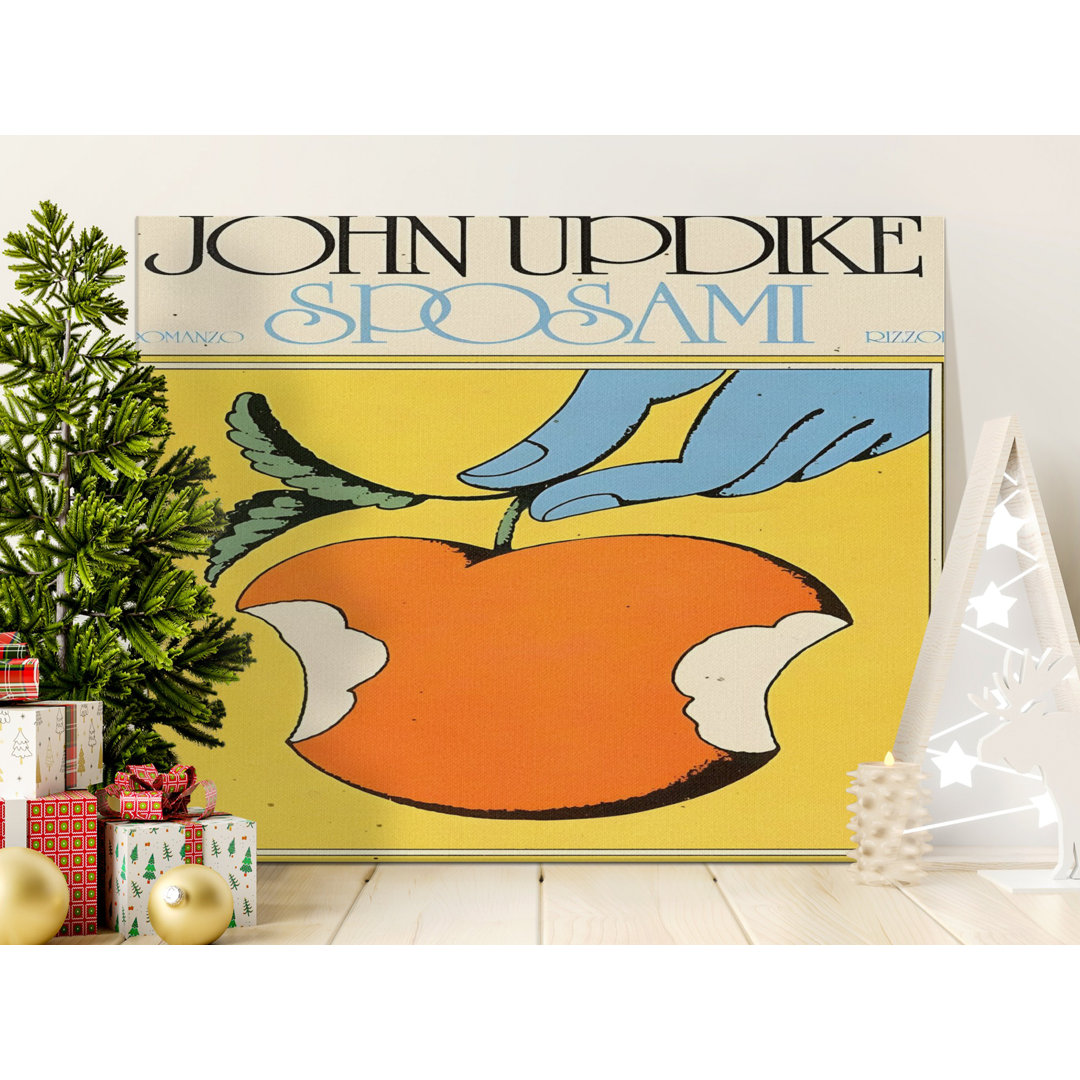 Vintage Marry Me Apple Canvas Wall Art, John Updike Sposami Retro Pop Art Blue Hand Bitten Fruit Mid-Century Modern Literary Decor
