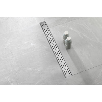 30 Inch Linear Shower Drain With Removable Brick Patterned Grate Cover, 304 Stainless Steel Shower Floor Drain With Hair Strainer And Leveling Feet