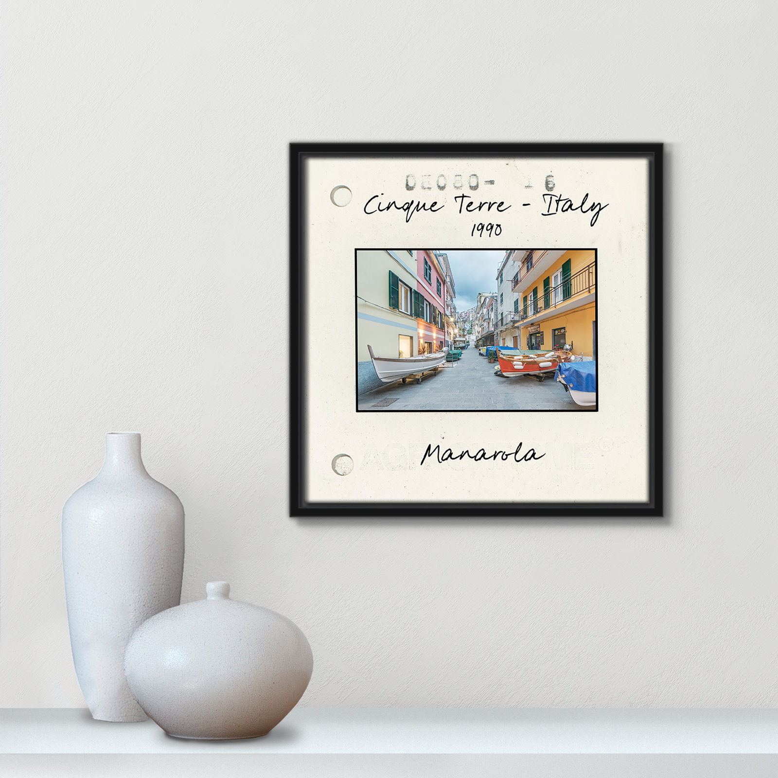 Travel Slide Collection "Cinque Terre - Manarola" Print, 13.5" H x 13.5" W x 2" D, Black Floater Framed Canvas