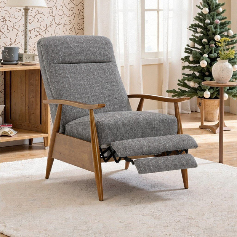 Fauteuil inclinable en tissu avec accoudoirs en bois massif Tustin, Gris, Marron clair