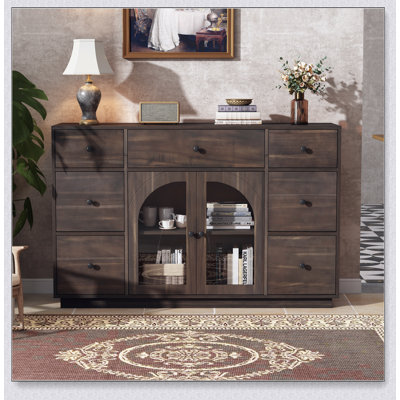 Spacious Dark Brown Cabinet With 2 Doors And 7 Drawers For Living And Dining Room Storage