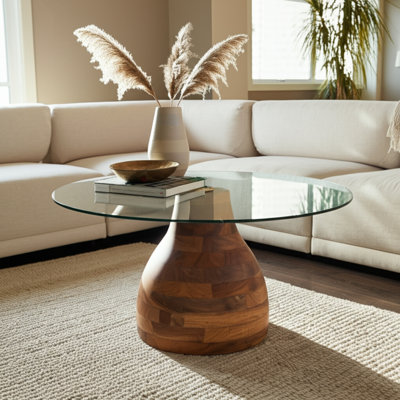 Verniece Coffee Table Wood Glass Metal Base Modern Sculptural Design with Sleek Round Top and Decorative Mixed-Material Construction for Contemporary