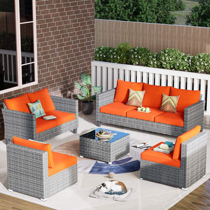 7 - Person Patio Conversation Set with Cushions, Orange