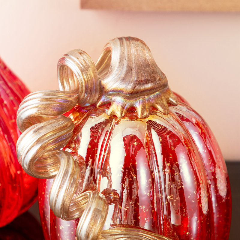 6"H Fall Red Glass Pumpkin With Glitter