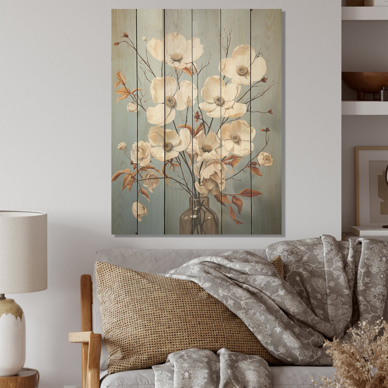 Cornouiller blanc qui s'épanouit tranquillement - art mural en bois de cornouiller sur bois de pin naturel, H 32 po x l 24 po