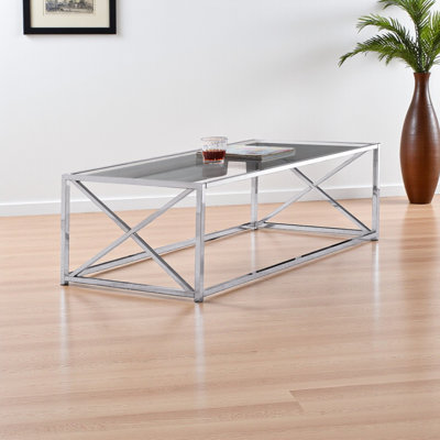 Manzu Tempered Glass Chrome Metal X-Design Leg Accent Coffee Table, 17.05" H X 43.82" W X 21.85" D