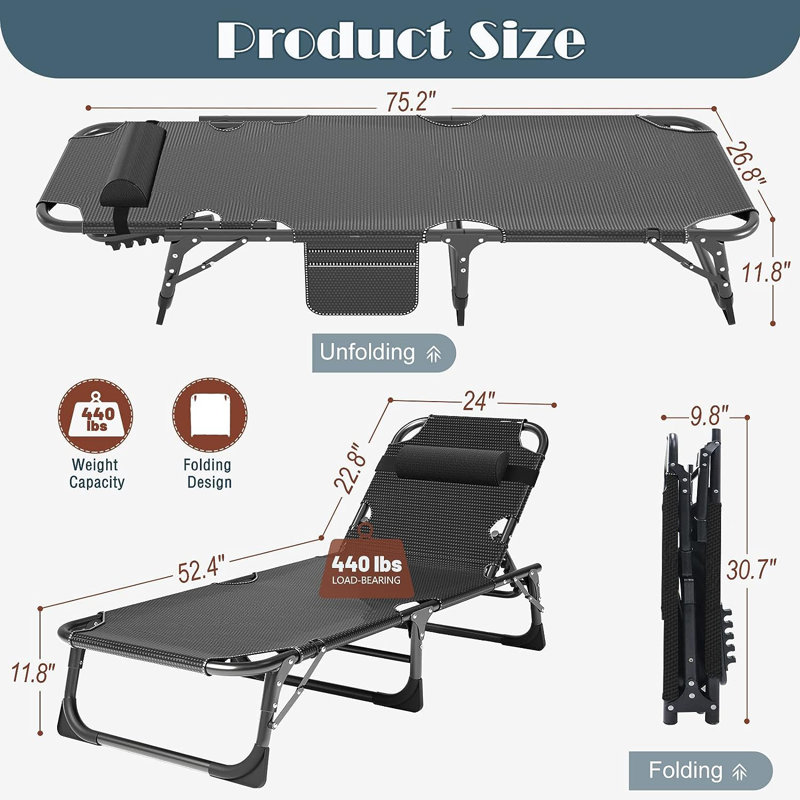 Lit de camping pliant réglable pour adultes, Bleu
