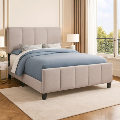 Dena Queen Bed, Faux Linen Upholstery, Panel Headboard, Solid Wood